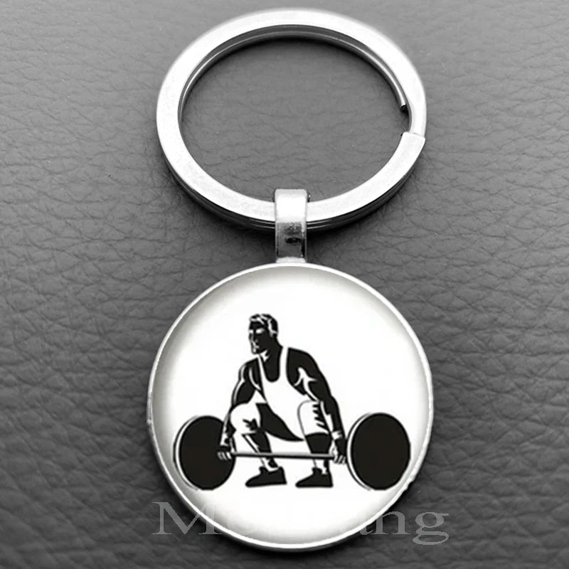 Weightlifting Fitness Pattern Keychain Loves Fitness Men and Women Exclusive Glass Round Keychain Gift for Fitness Club - Sun Studio
