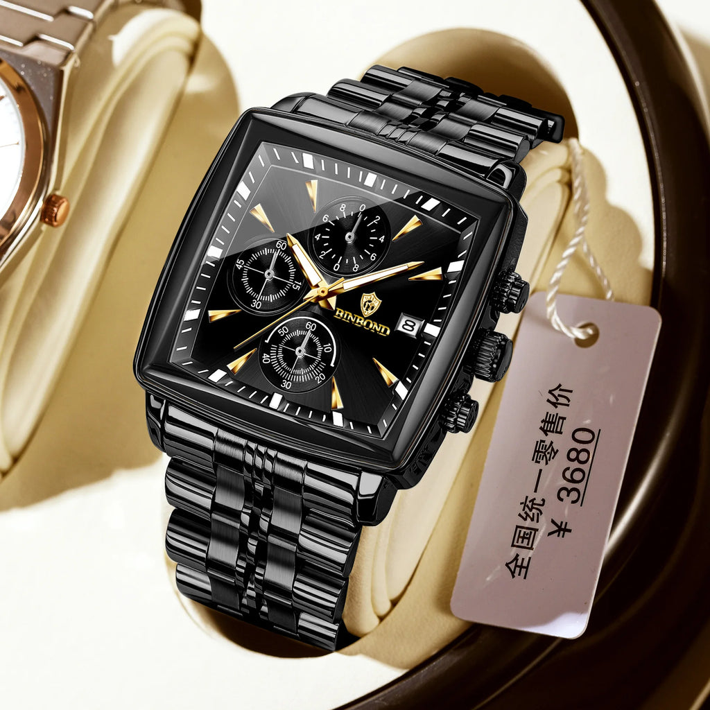 Square Men Chronograph Multifunction Watches Date For Male Clock Quartz Stainless Steel Band Wrist Watches Men Trendy Fashion - Sun Studio