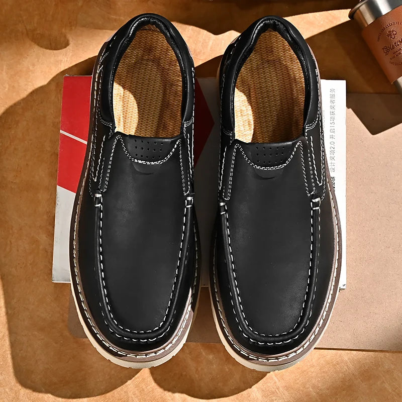 Trendy New Style Men's Genuine Leather Shoes Thick Soled Tooling Shoes Men's Oxford Shoes Lace Up Business Shoes Outdoor Loafers - Sun Studio