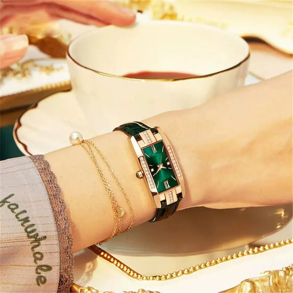 Womens Watches Fashion Square Ladies Quartz Watch Bracelet Set Green Dial Simple Leather Luxury Women Watches - Sun Studio