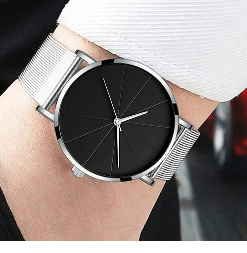 Mens Fashion Business Quartz Wristwatch Fashion Calendar Men Watch Stainless Steel Mesh Belt Men Luxury Silver Bracelet Watches - Sun Studio