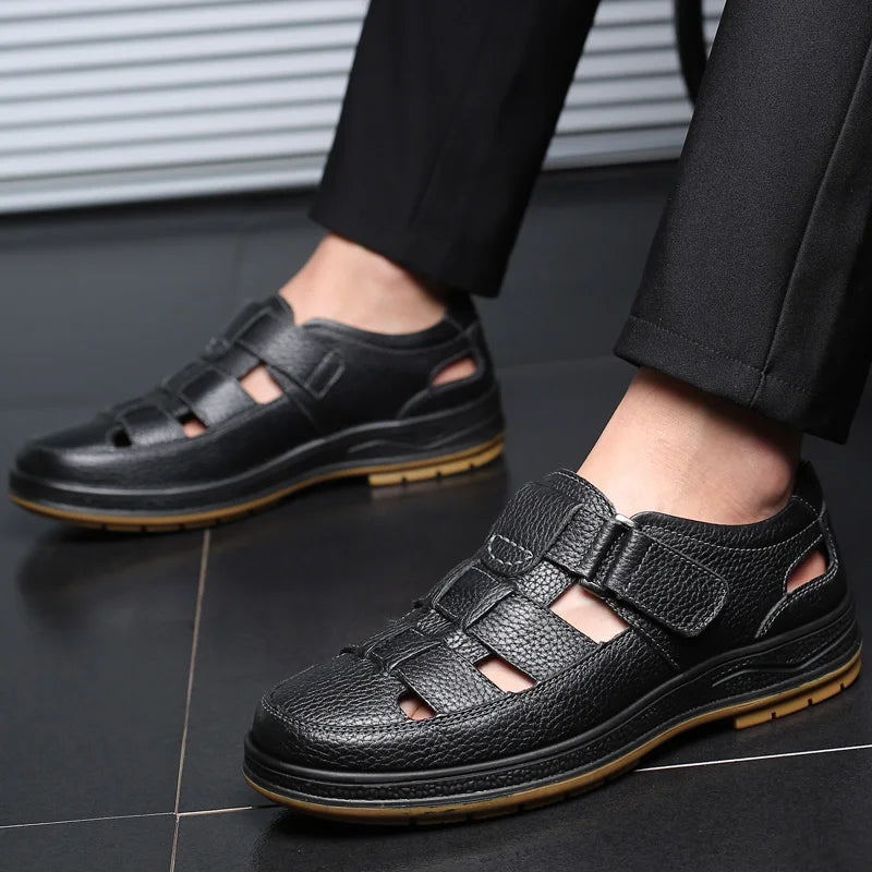 Classic High Quality Leather Business Sandals Summer Outdoor Hiking Shoes Handmade Sandals Fashion Comfortable Men Beach Shoes - Sun Studio