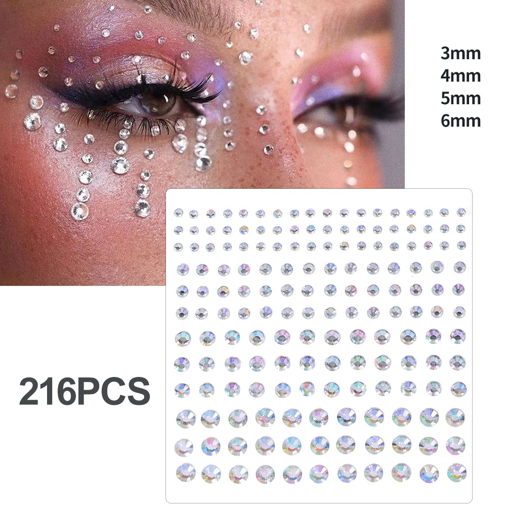162/216/900pcs Eye&Face&Body Diamond Tattoos Stickers 3/4/5/6mm Colored Glitter Rhinestone Tattoo for Party Makeup Gem Accessory - Sun Studio
