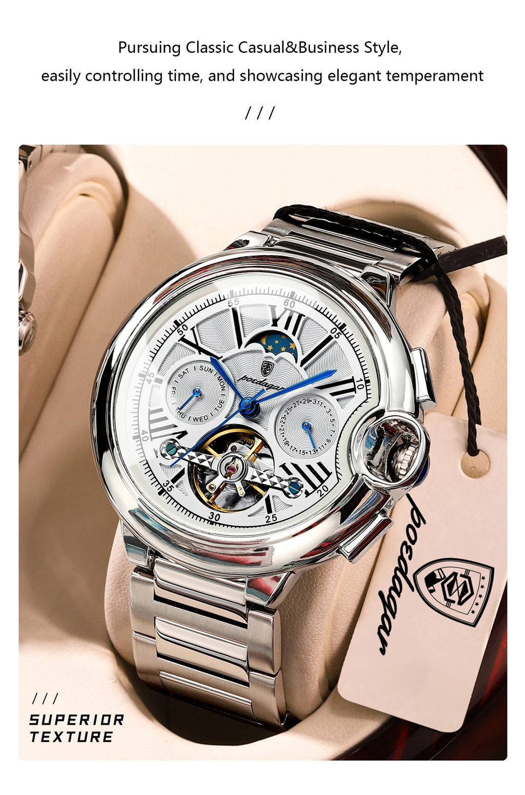 POEDAGAR Luxury Male Watch Business Date Week Stainless Steel Tourbillon Men Clock Waterproof Automatic Mechanical Men's Watches - Sun Studio