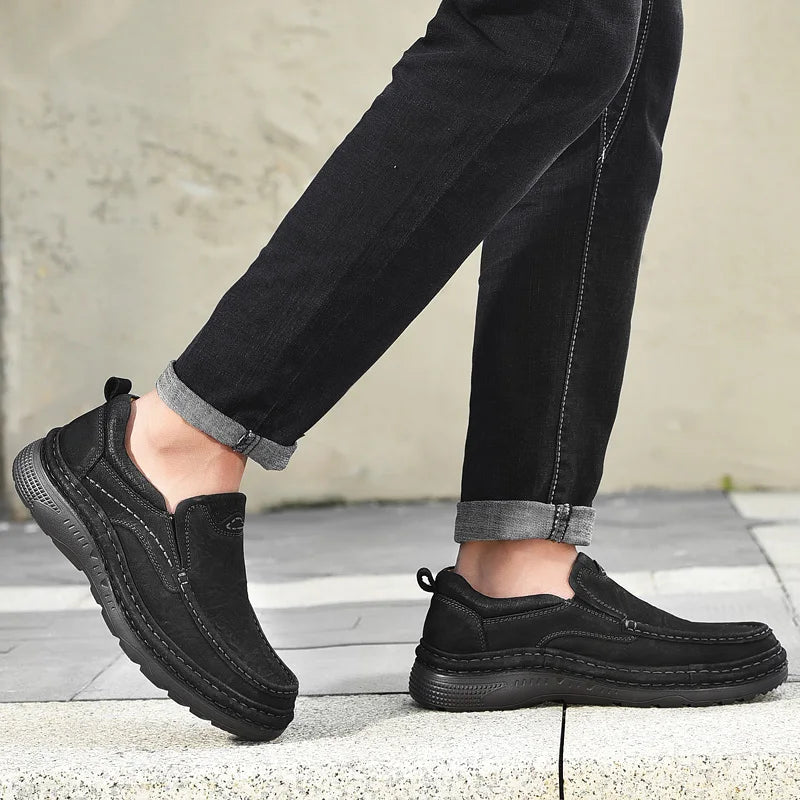 Genuine Leather Mens Loafers Anti-slip Rubber Man Casual Shoes Vintage Style Walk Shoes Slip-On Hiking Footwear Luxury Moccasins - Sun Studio