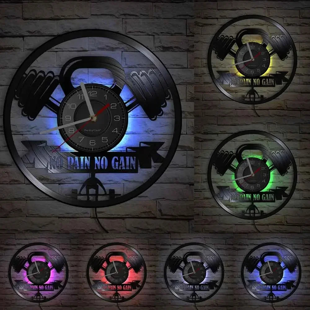 Fitness Equipment Theme Vinyl Record Fitness Wall Clock Home Decoration LED Backlight Modern Fitness Watch