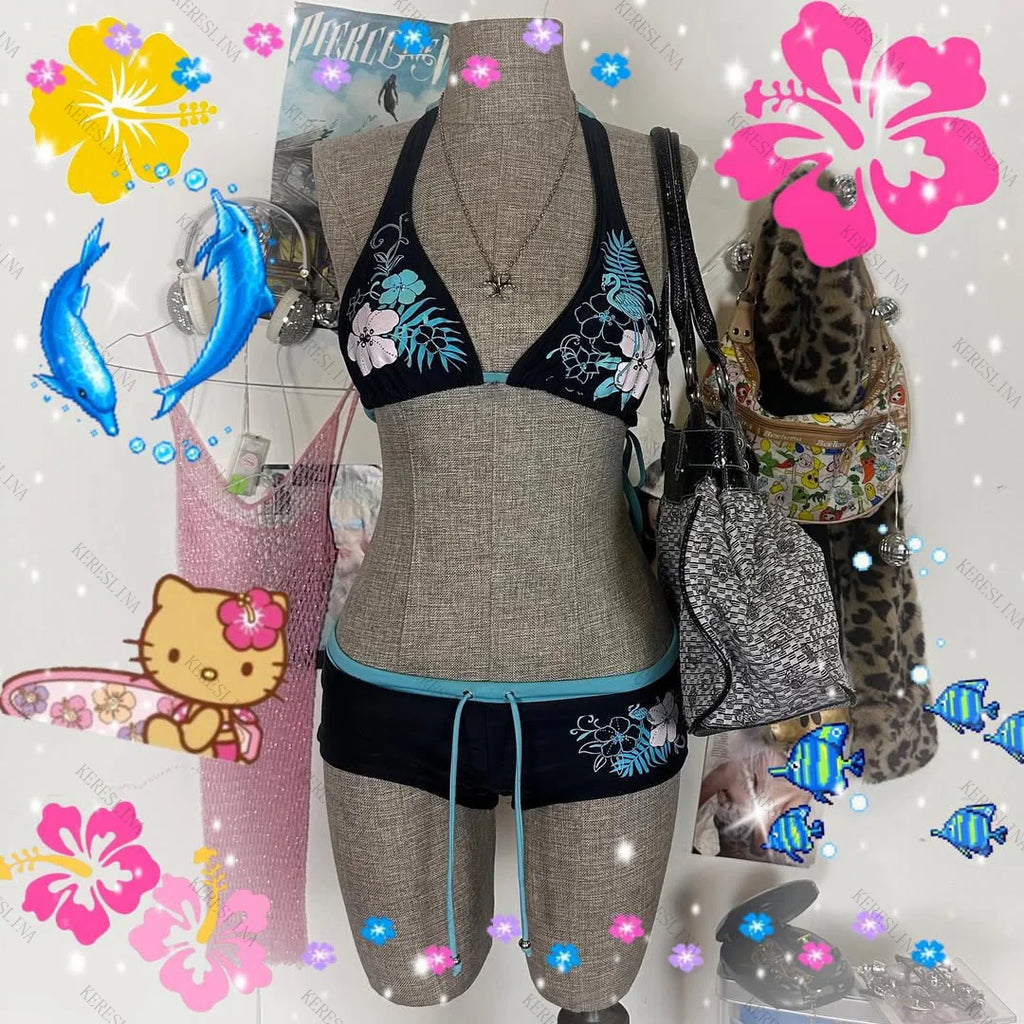 Y2k Vintage Flower print Cutie 2 set Bikini Swimsuit Sexy Women Bathing Fashion Halter Strap Swimwear High Street Beach Female - Sun Studio