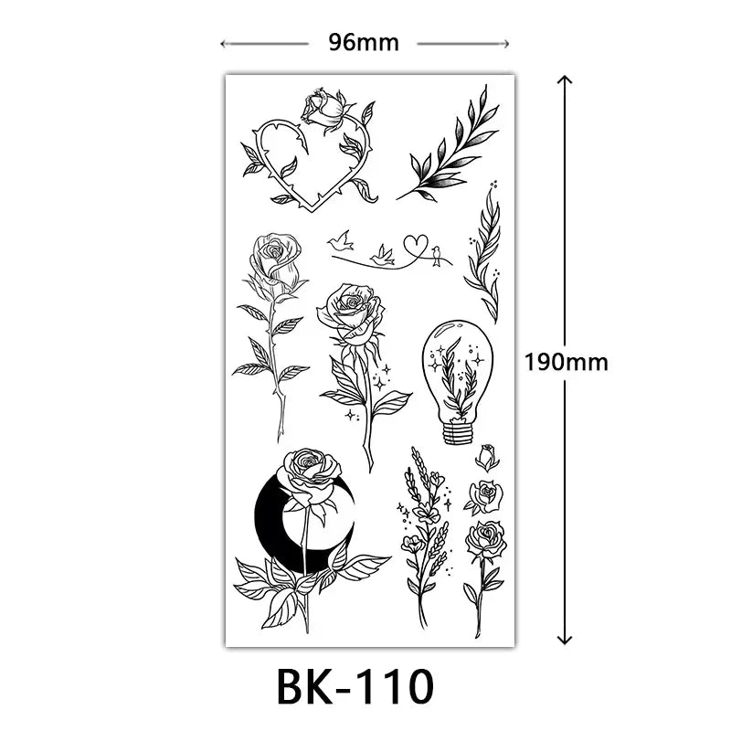 Rose Blossom Tattoo Temporary Waterproof Butterfly Fake Tattoo for Woman Black Flower Sketch Tattoo Sticker