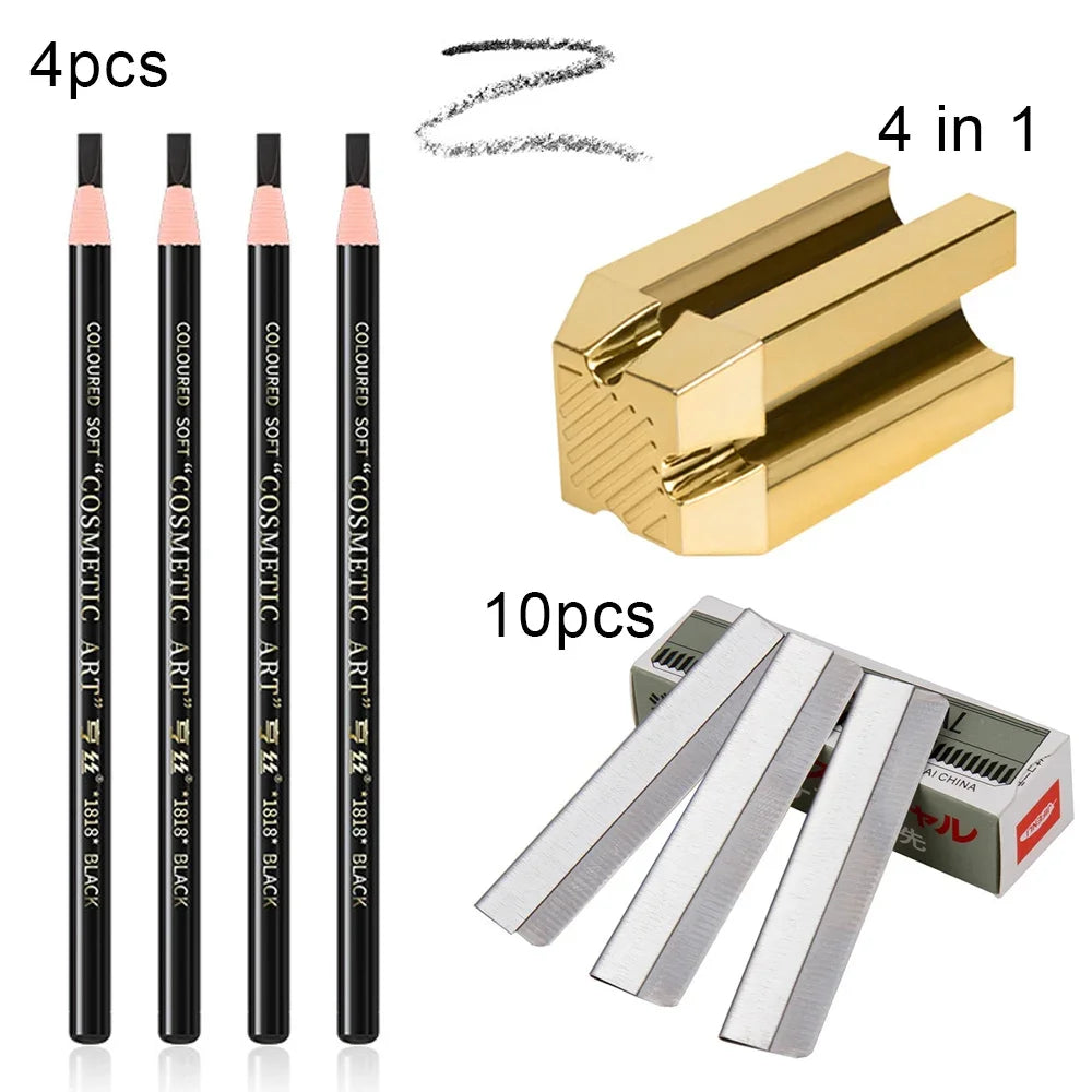 Eyebrow Pencil Microblading Supplies Set Waterproof Eyebrow Tattoo Tint Enhancers With Sharpener Brow 10Pcs Brow Trimmer Blade