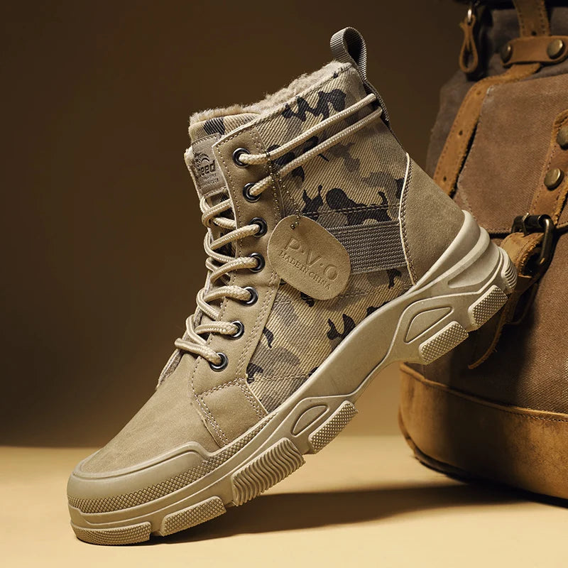 New Men's Winter Camouflage Ankle Boots Fur Lined Warm Non-Slip Outdoor Tactical Work Boots for Male - Sun Studio