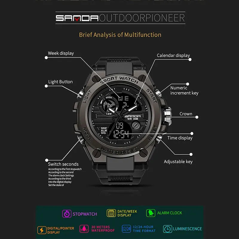 SANDA Top Luxury Watches Men Military Army Mens Watch Waterproof Sport Wristwatch Dual Display Watch Male Relogio Masculino - Sun Studio