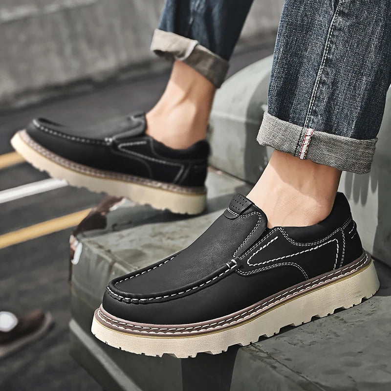 Trendy New Style Men's Genuine Leather Shoes Thick Soled Tooling Shoes Men's Oxford Shoes Lace Up Business Shoes Outdoor Loafers - Sun Studio