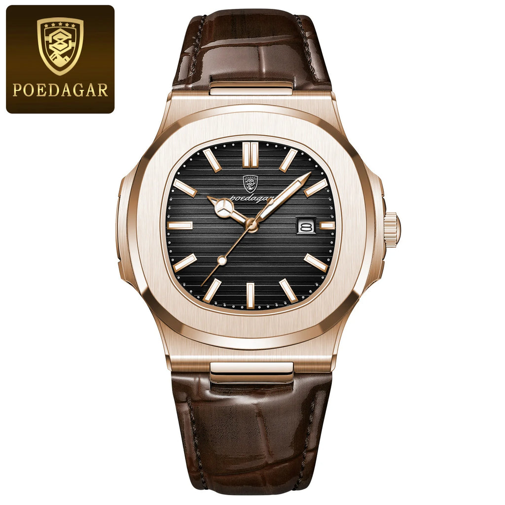 POEDAGAR Original Fashion Men's Wristwatch Date Waterproof Luminous Leather Watches For Men High Quality Square Quartz Man Watch - Sun Studio