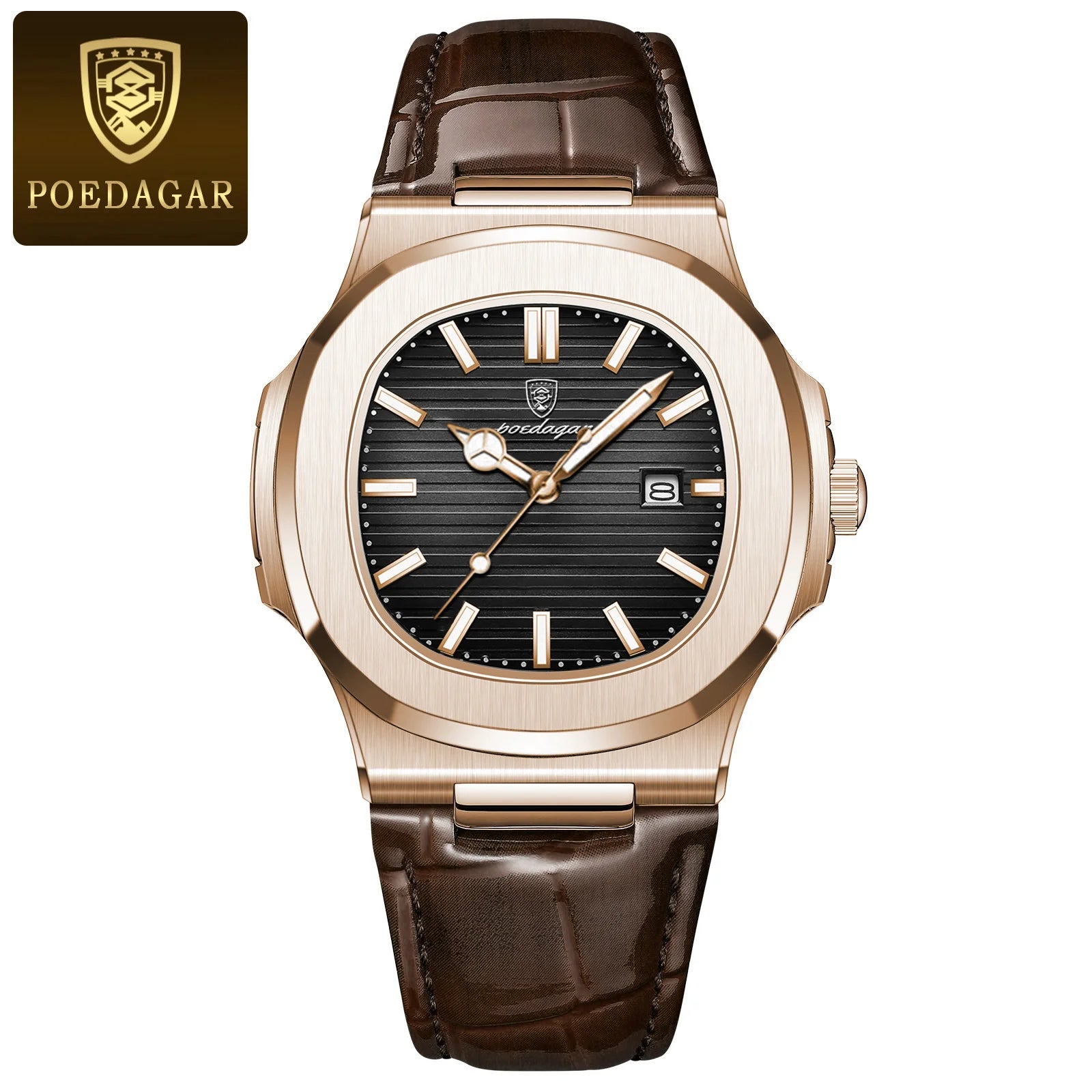 POEDAGAR Original Fashion Men's Wristwatch Date Waterproof Luminous Leather Watches For Men High Quality Square Quartz Man Watch - Sun Studio