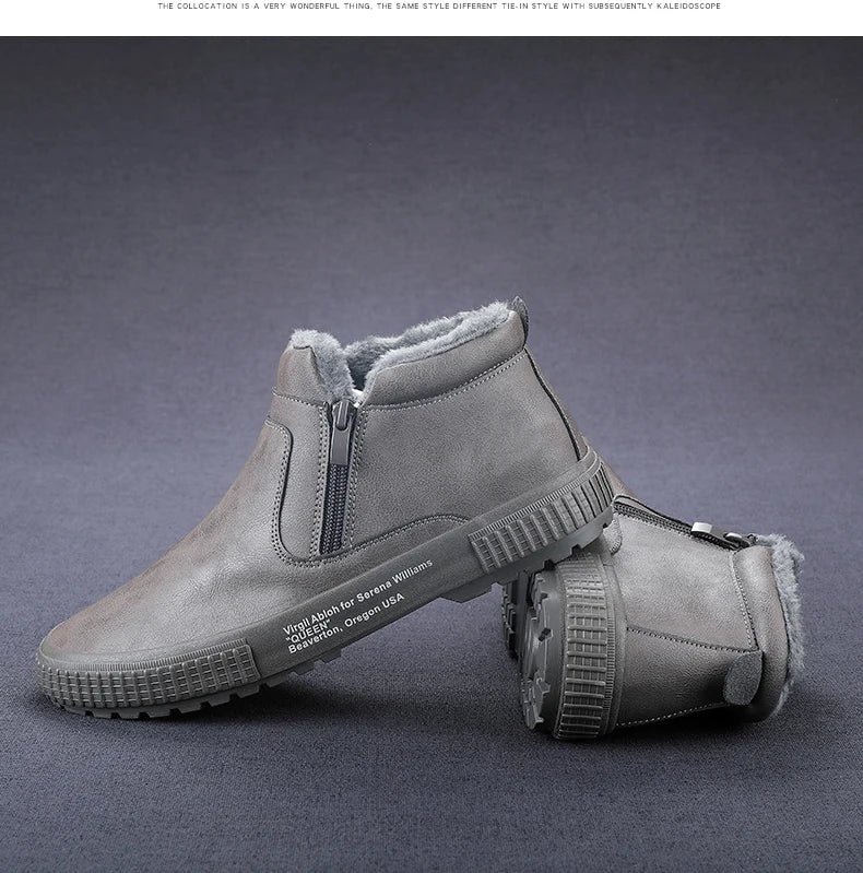 Man Winter Warm Leather Boots Warm Plush Inside High Tops Casual Shoes Slip on Keep Warm Thick Fur Men's Platform Ankle Boots - Sun Studio