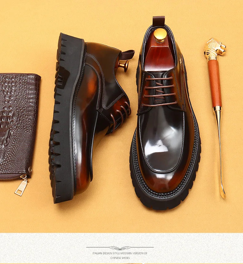 designer men's leather shoes with thick soles round toe glossy leather business dress shoes Waxed cowhide lace up British shoes - Sun Studio