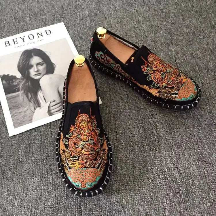 Old Beijing Cloth Shoes Embroidery Flower Social Guy Male Moccasin-Gommino Student Casual Shoes Fashion National Chinese Style - Sun Studio