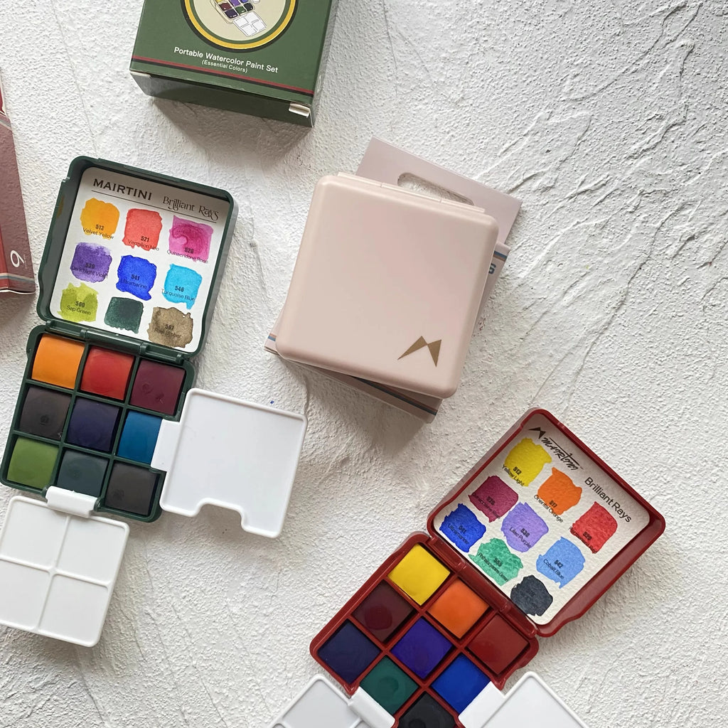 MAIRTINI Travel Watercolor Paint Set 9 Colors 100% Cotton Paper Mini Solid Water Color Paint With Palette Painting Supplies - Sun Studio