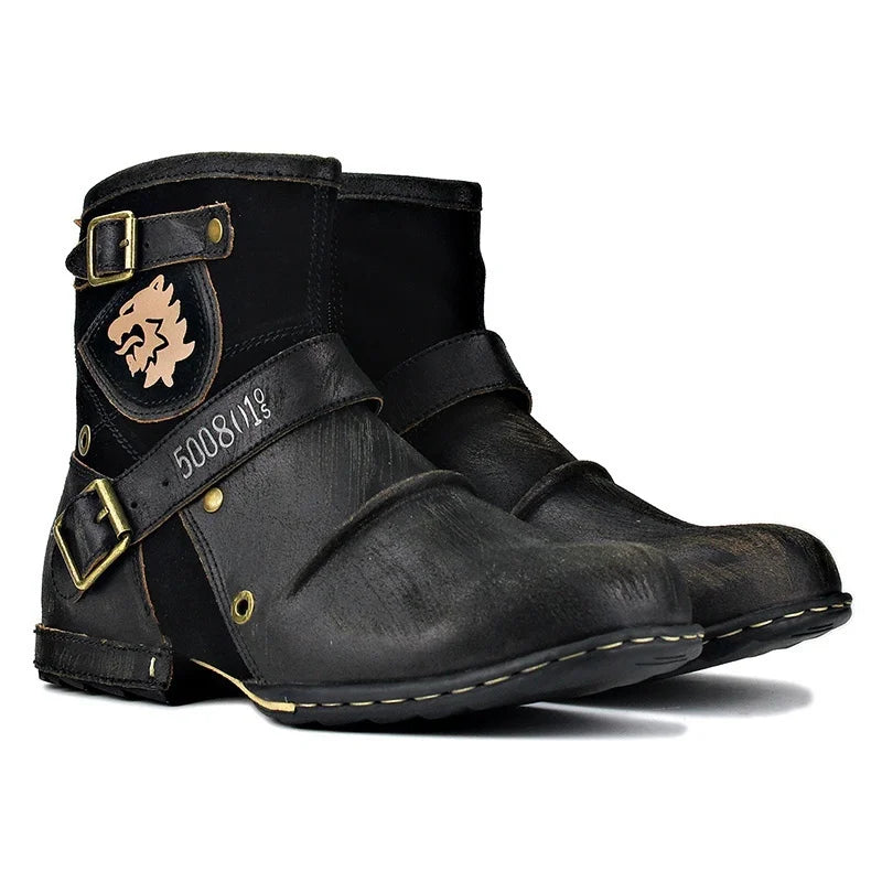 Men's Ankle Boots High Quality Cowboy Boots Men Metal Buckle Side Zipper Motorcycle Boots Gothic Boots Retro Western Boots - Sun Studio