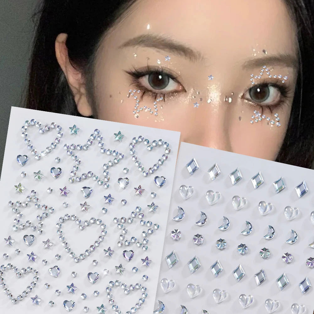 1Sheet 5D Mixed Shell Aurora Rhinestone Girl Face Stickers Hollow Star/Moon/Heart Self-Adhesive Cute Girl Make Up Diamond Decal - Sun Studio