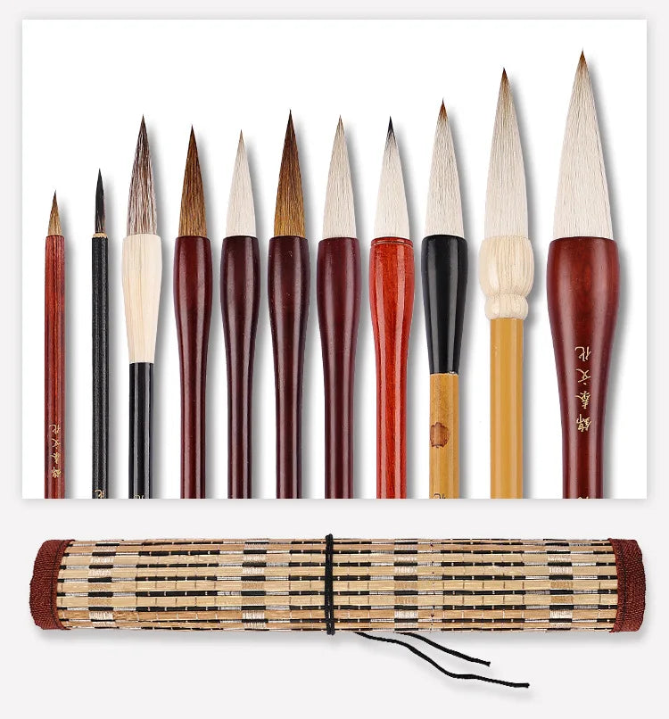 7/11Pcs Chinese Calligraphy Brush Set Kanji Japanese Sumi Painting Drawing Artist Writing Brushes With Roll-up Bamboo Pen Bag - Sun Studio