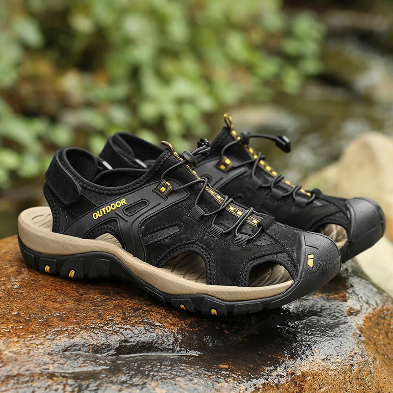 Men's Sandals Top Cowhide Upper Hollow Out Round Toe Outdoor Beach Walking Non Slip Durable Summer Beach Shoes Adjustable Buckle - Sun Studio