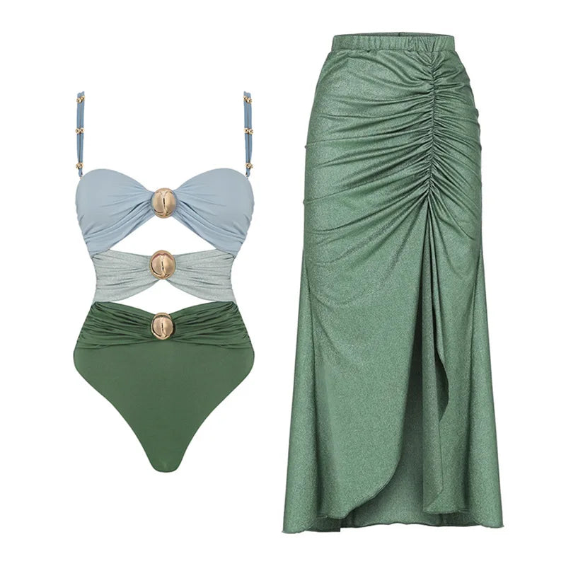 2024 Sexy Women's Swimsuit with Skirt One-Piece Swimwear Vintage Ruffle V Neck Cover Up Bikinis Set Beachwear Bathing Suit - Sun Studio