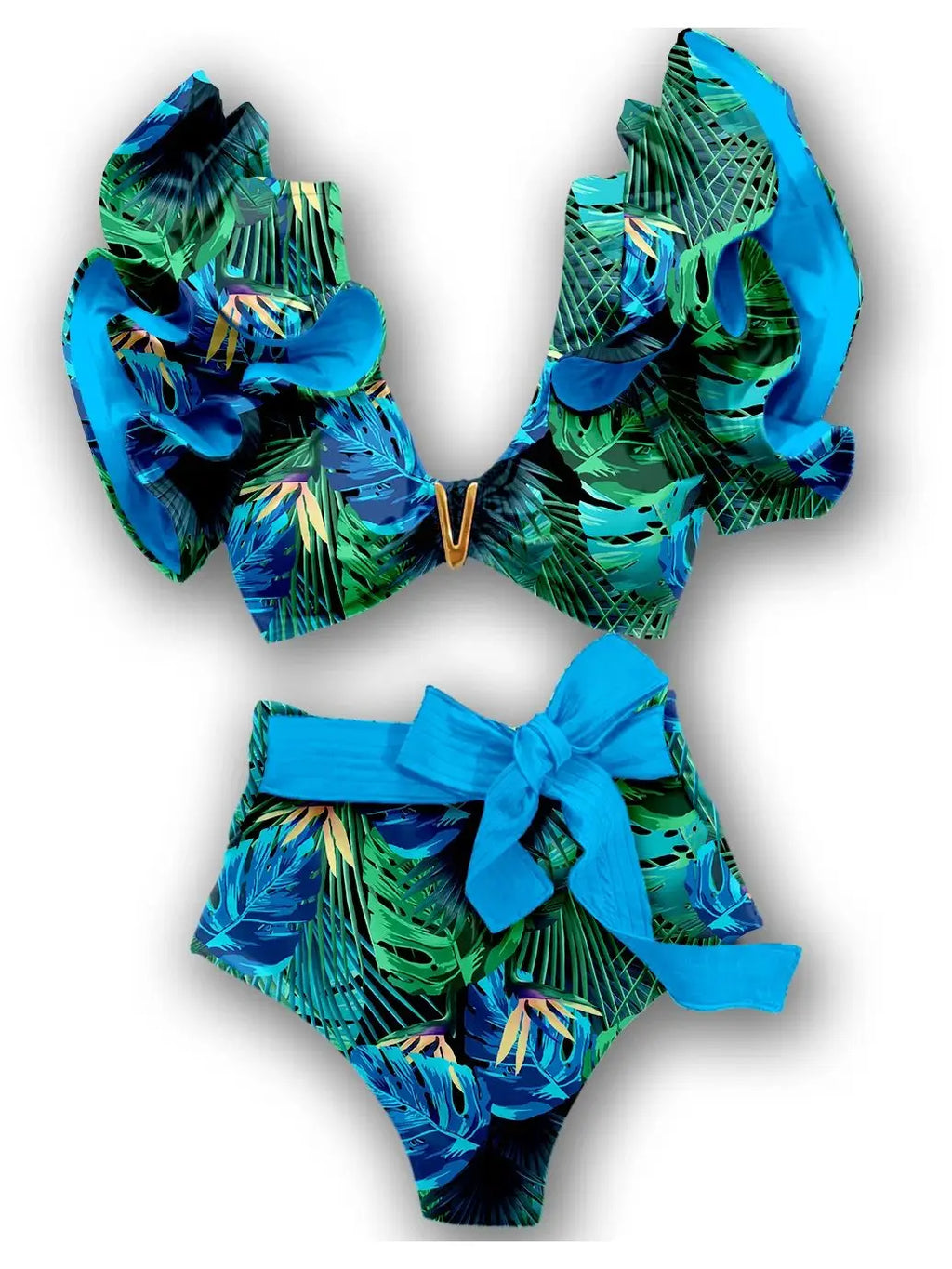 Floral Ruffled Hem Bikini Set Women Flora V-Neck High-Waisted Two Piece Swimsuit 2025 Girl Beach Bathing Suit Swimwear Biquinis - Sun Studio