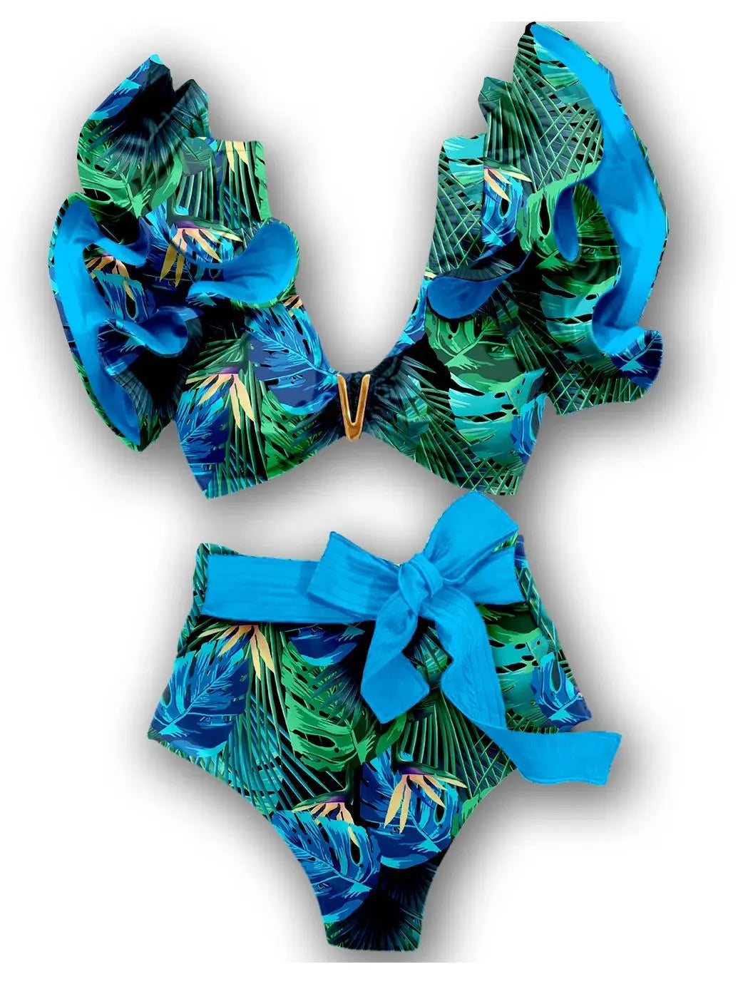 Floral Ruffled Hem Bikini Set Women Flora V-Neck High-Waisted Two Piece Swimsuit 2025 Girl Beach Bathing Suit Swimwear Biquinis - Sun Studio