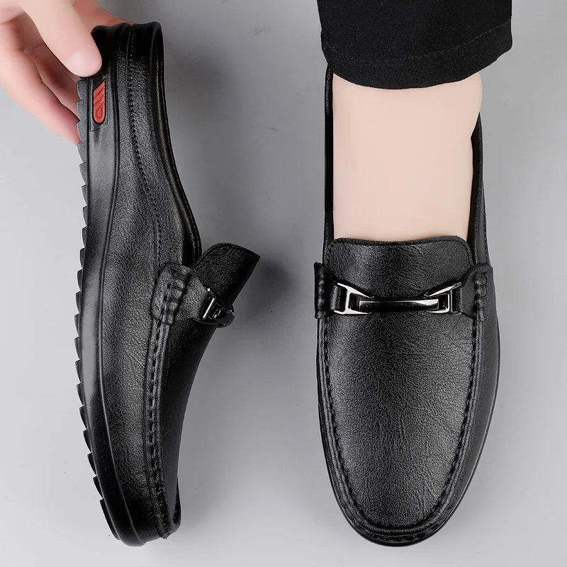 Luxury Men Genuine Leather Shoes Casual Business Men Slip-on Shoe All-Match Half Slippers Loafers Summer Handmade Flats Slippers - Sun Studio