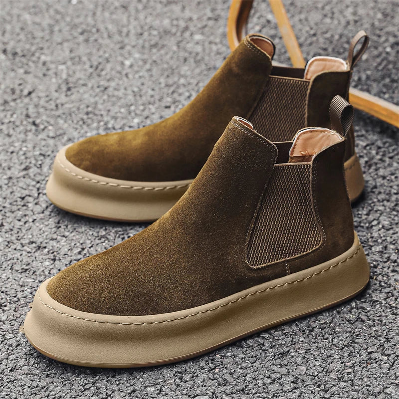 Fashion Brand Men Genuine Leather Mid Top Boots with British Style Autumn Winter Men Anti Slip and Wear-resistant Chelsea Boots - Sun Studio