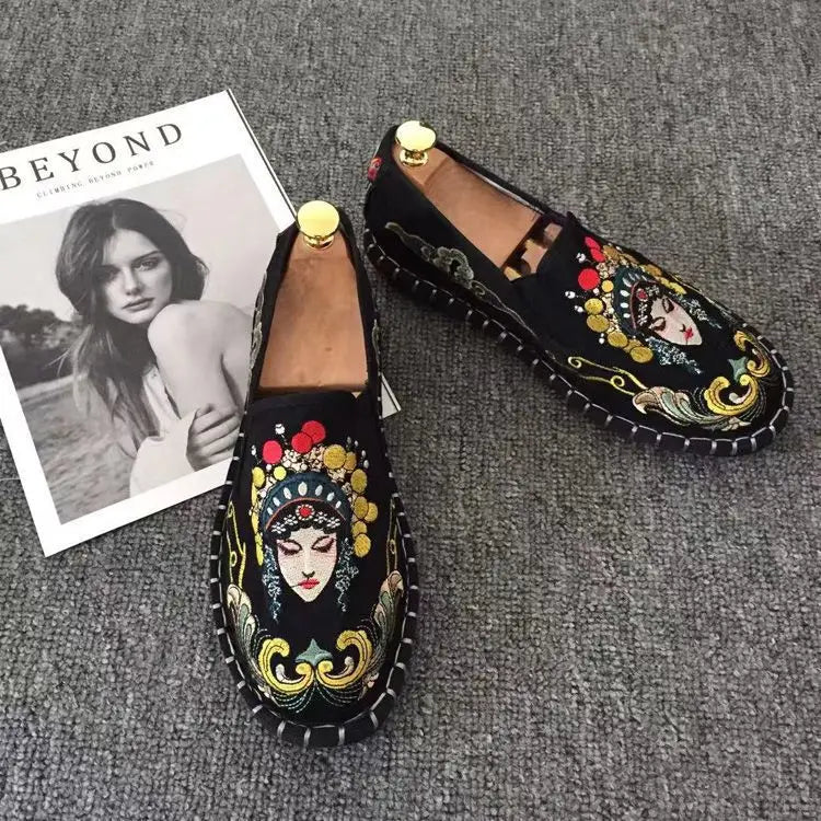 Old Beijing Cloth Shoes Embroidery Flower Social Guy Male Moccasin-Gommino Student Casual Shoes Fashion National Chinese Style - Sun Studio