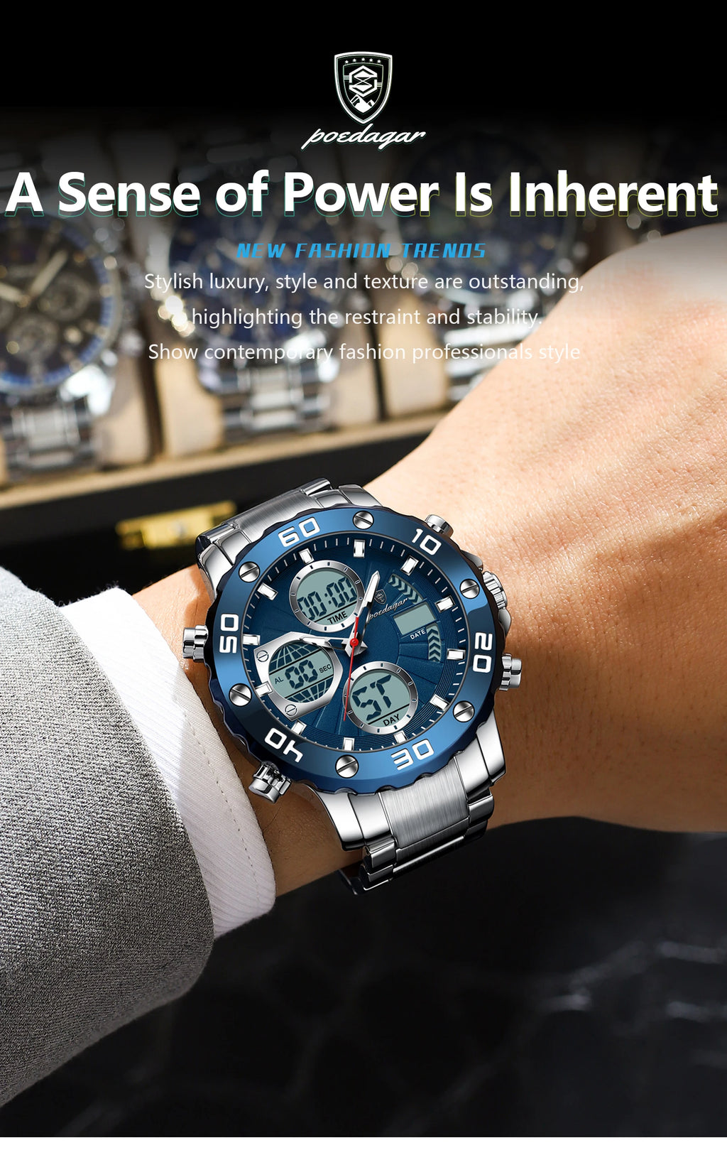 POEDAGAR Military Men's Quartz Wristwatch LED Alarm Dual Display Men Watch Electronic Waterproof Outdoor Sports Watches for Men - Sun Studio