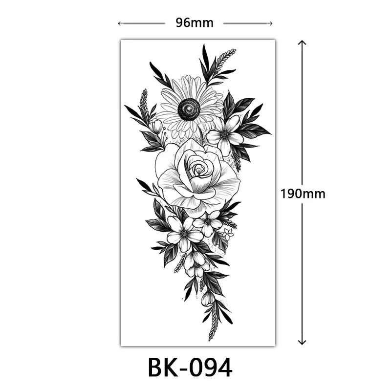 Rose Blossom Tattoo Temporary Waterproof Butterfly Fake Tattoo for Woman Black Flower Sketch Tattoo Sticker