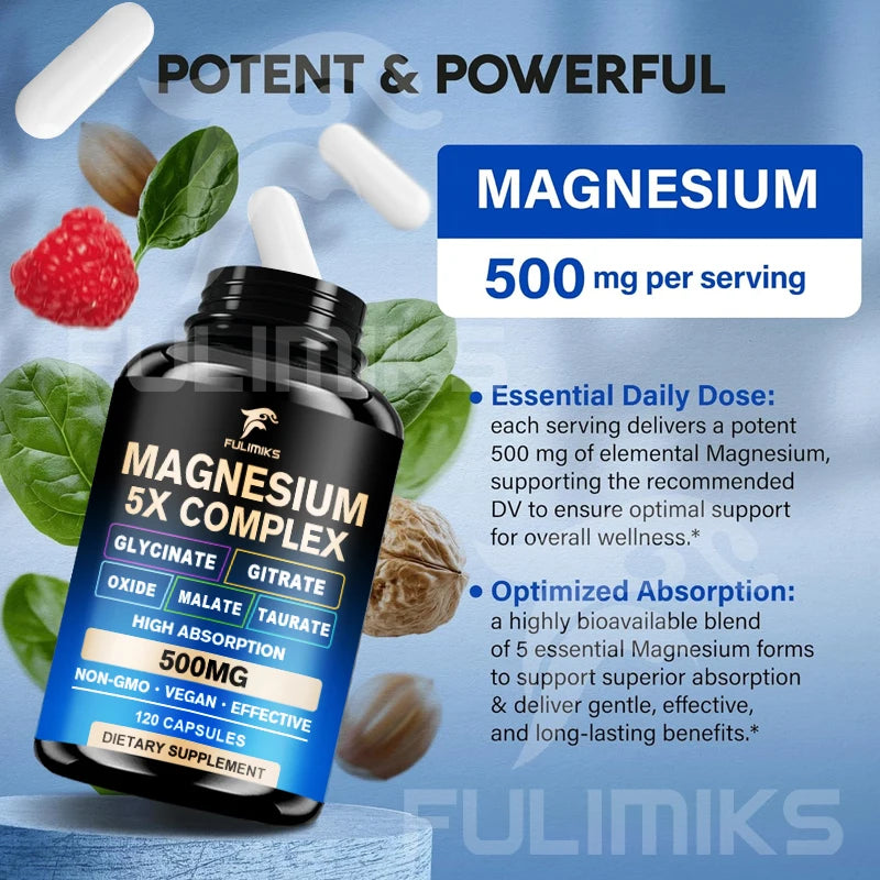 Magnesium Pills Supplement - 5 in 1 Complex, Glycinate, Citrate, Malate, Taurate, Oxide - Stress, Muscle & Heart Support - Sun Studio