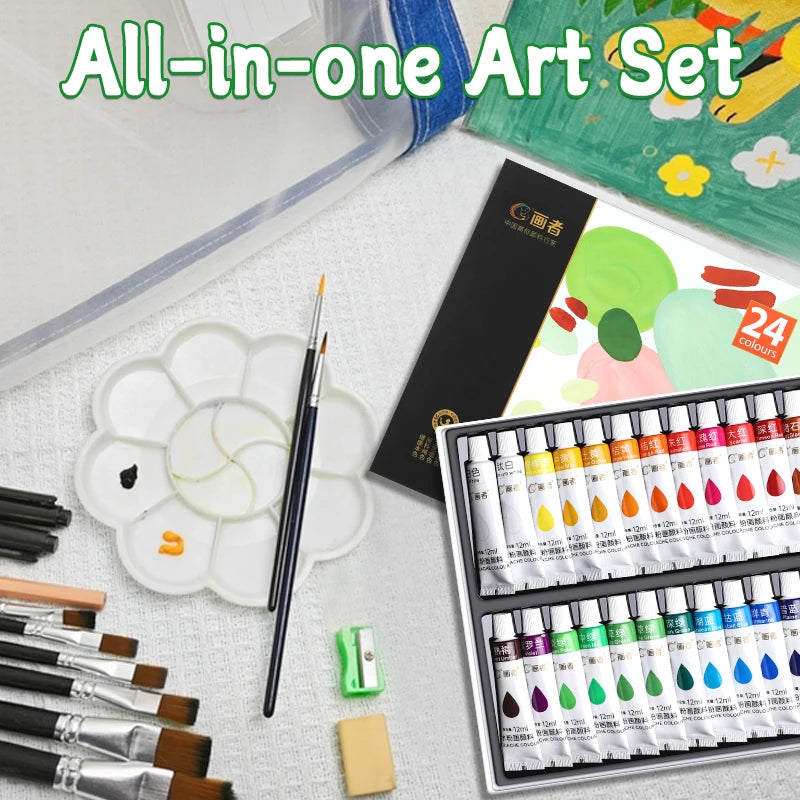 Gouache Paint Set, 12/18/24 Colors, 7 Paint Brushes, Suitable for Back to School, Art Supplies for Adults, 5ml/0.17oz Tubes - Sun Studio