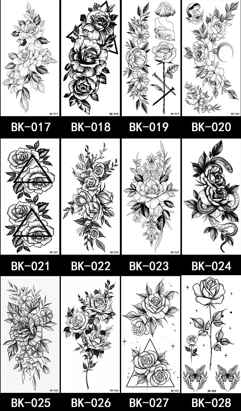 Black White Temporary Transfer Tattoos Floral Butterfly Lettering Line Art Waterproof Body Stickers for Music Festival Party - Sun Studio