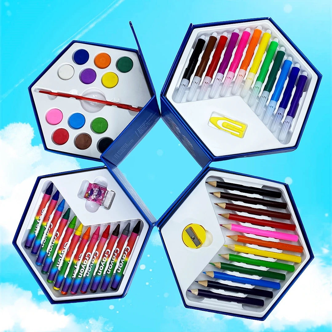 53pcs Multilayer Cartoon Art Pencil Set Kids Painting Set Hexagon Color Box Pencil Drawing Art Set - Sun Studio