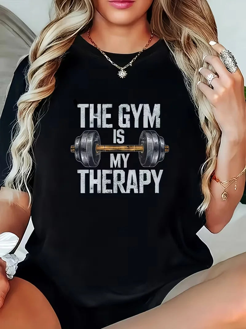 The Gym Is My Therapy Graphic T-Shirt Dumbbell Weightlifting Print Soft Casual Short Sleeve Women Daily Basic Top - Sun Studio