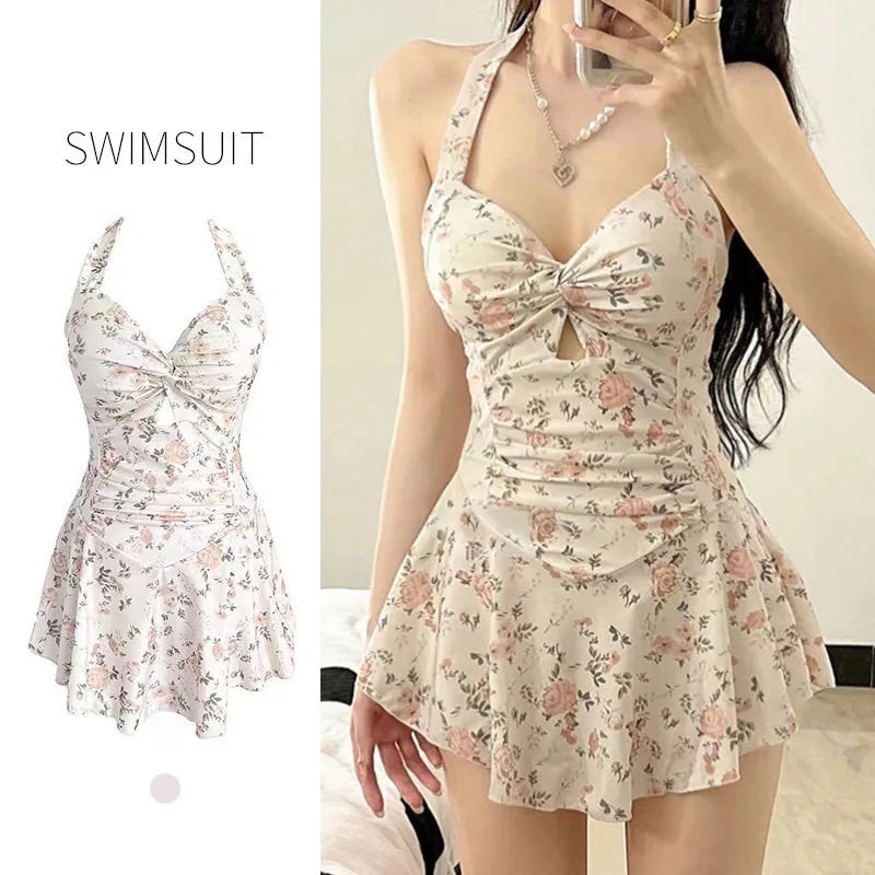sexy Korean fashion conservative swimsuit one piece floral print wrinkled knot mini dress culottes bikinis padded swimwear - Sun Studio