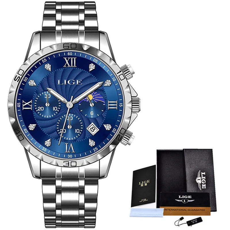 LIGE New Quartz Watches for Men Top Brand Luxury Leather Fashion Military Watch Men Sport Waterproof Chronograph Montre Homme - Sun Studio