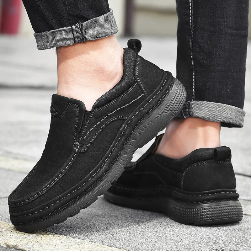 Genuine Leather Mens Loafers Anti-slip Rubber Man Casual Shoes Vintage Style Walk Shoes Slip-On Hiking Footwear Luxury Moccasins - Sun Studio