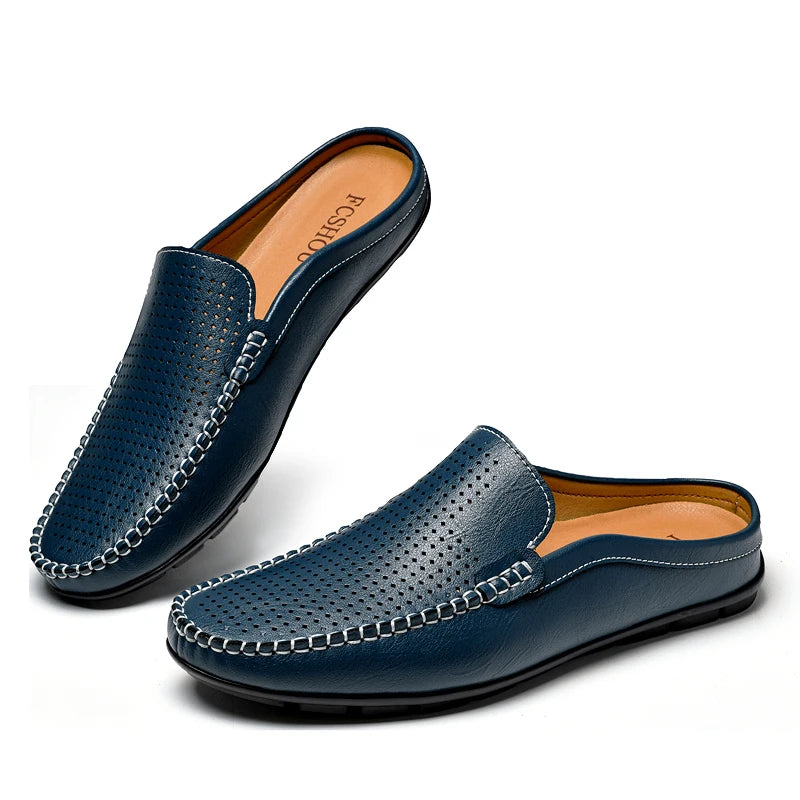 Half Shoes for Men Summer Mens Mules Perforated Leather Slippers Casual Slip-ons Loafers Flats Black Brown - Sun Studio