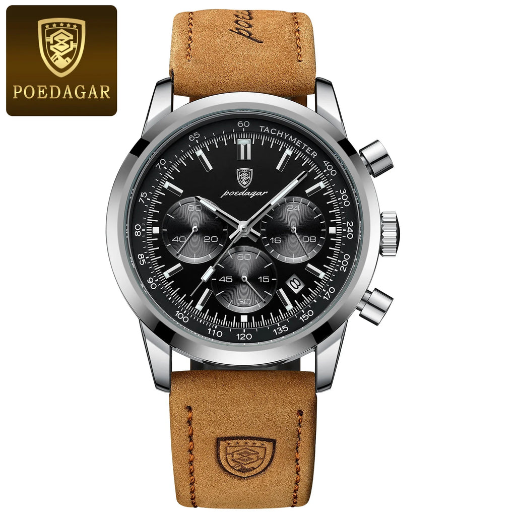 POEDAGAR Top Brand Men's Quartz Watch Waterproof Luminous Chronograph Military Man Watch Luxury Fashion Leather Watches For Men - Sun Studio