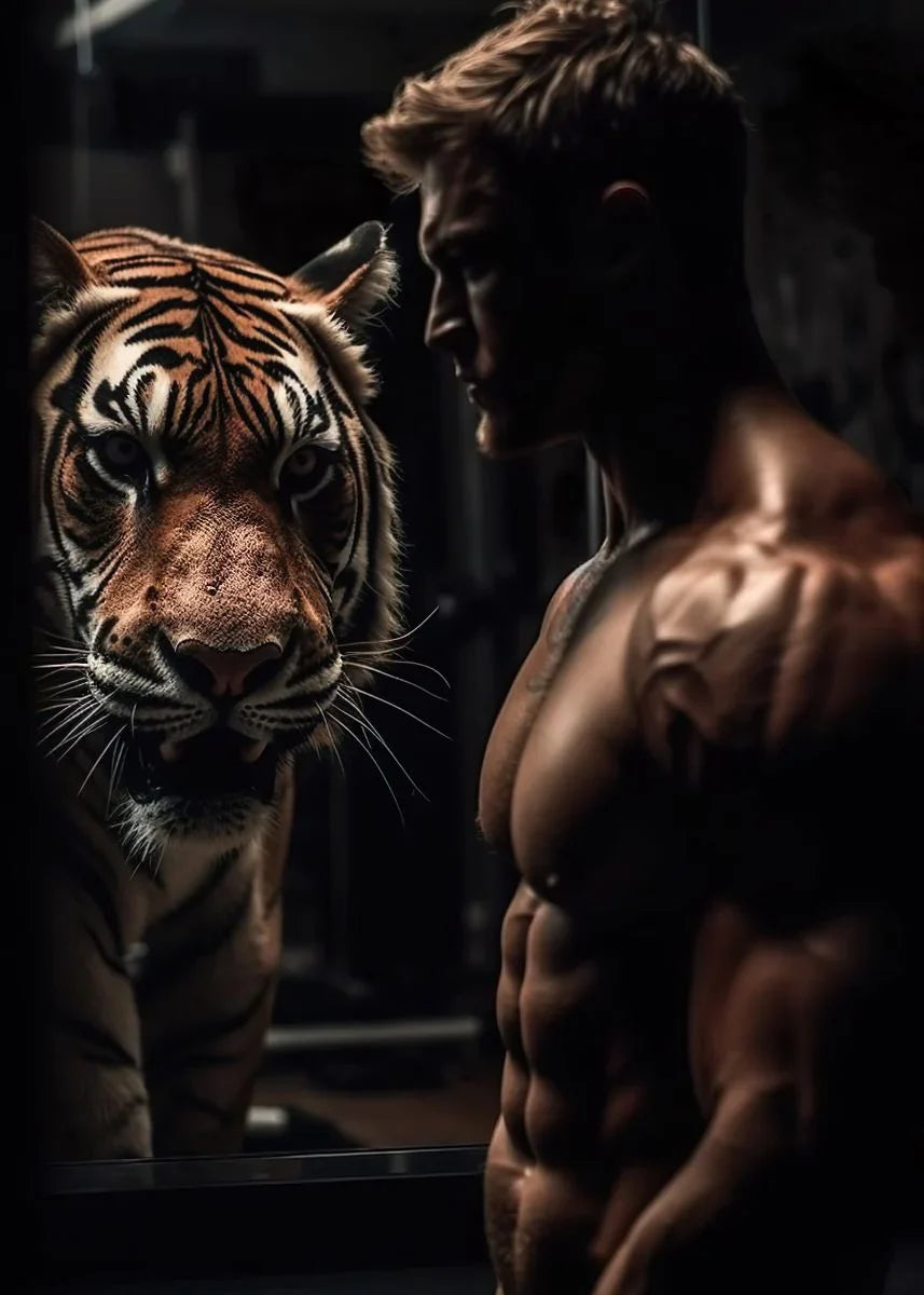 Gym Motivation Muscle Man with Tiger Bodybuilding Fitness Art Poster Canvas Painting Wall Print Picture for Home Gym Decor - Sun Studio