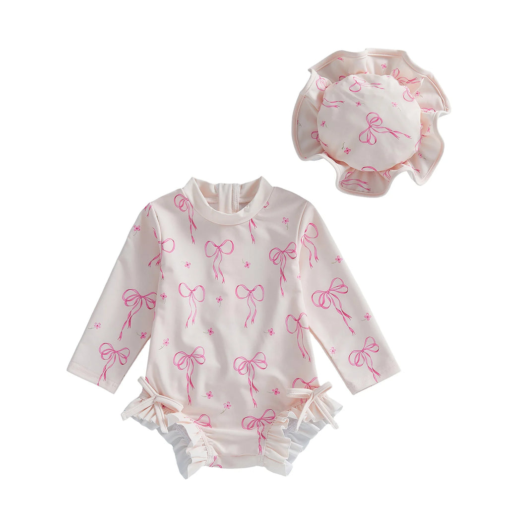 Toddler Baby Girl Rash Guard Swimsuit Bow Print Ruffled Long Sleeve Round Neck Beachwear Jumpsuit and Hat Swimwear 2Pcs Set - Sun Studio