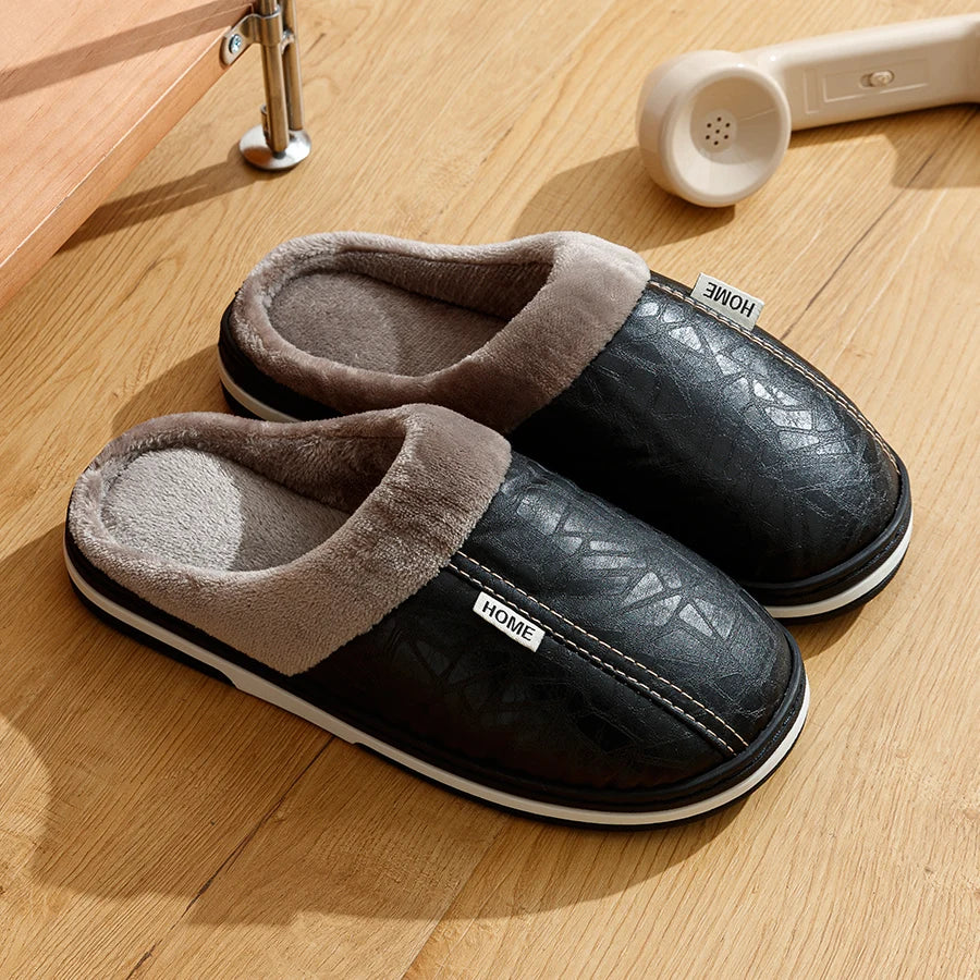 PU Leather Big Sizes Men slippers Indoor Waterproof Fur Flat Men's Winter Home Slipper Cotton Bedroom Houseshoes - Sun Studio