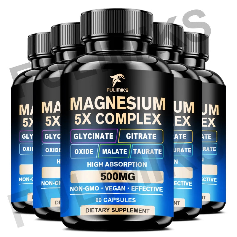 Magnesium Pills Supplement - 5 in 1 Complex, Glycinate, Citrate, Malate, Taurate, Oxide - Stress, Muscle & Heart Support - Sun Studio