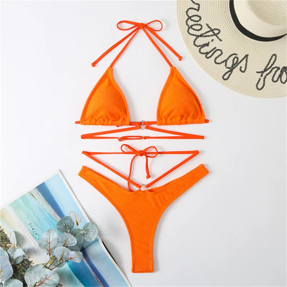 Micro String Extrem Bikini Orange Y2K Triangle Backless Swimsuit Toweling Rings Vacation Swimwear Women Push Up Beach Bath Suits - Sun Studio