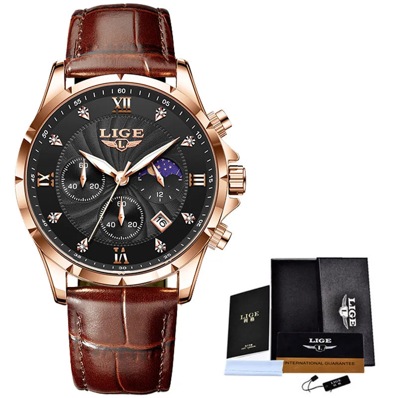 LIGE New Quartz Watches for Men Top Brand Luxury Leather Fashion Military Watch Men Sport Waterproof Chronograph Montre Homme - Sun Studio